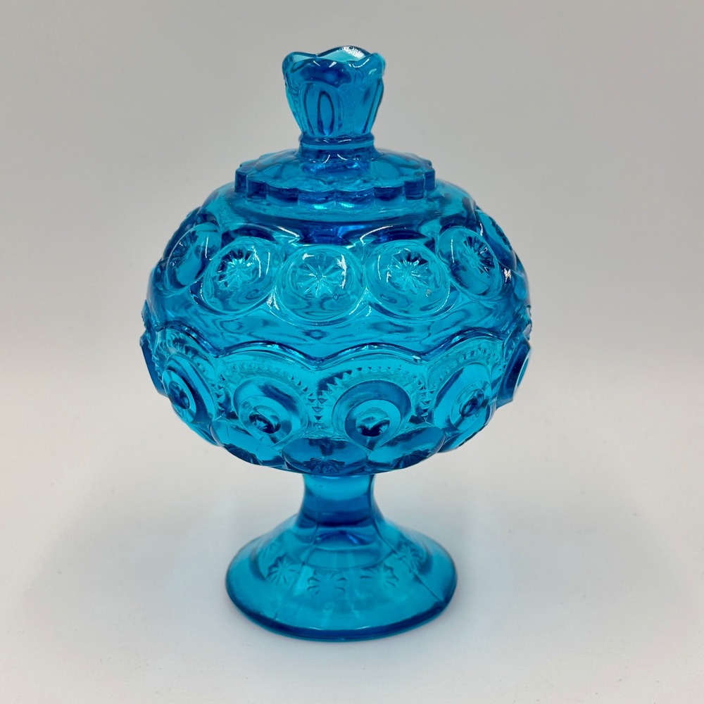 LE Smith Moon and Star Candy Dish Aqua Blue Glass Pedestal Compote with Lid 7in
